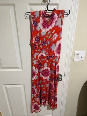 Anthropologie Floral Sleeveless Midi Dress in Bold Red and Pink